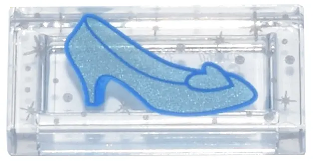 Trans-Clear Tile 1 x 2 with Metallic Light Blue Shoe with Heel and Heart, Silver Sparkles and Dots P