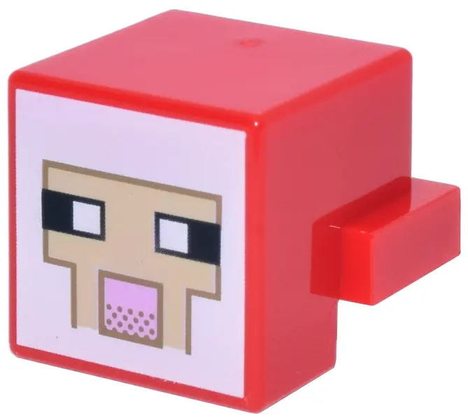 Red Creature Head Pixelated with Black and White Eyes, Bright Pink Nose, Tan Face with Dark Tan Outl