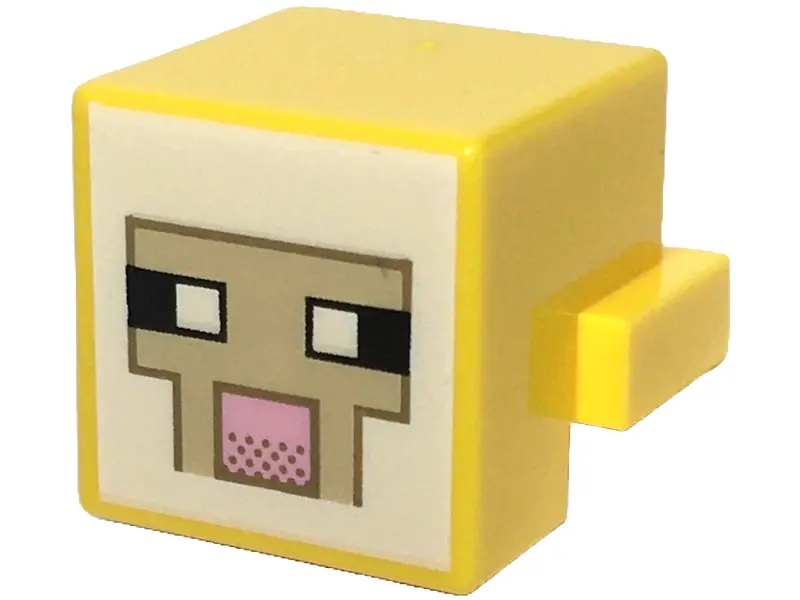 Yellow Creature Head Pixelated with Black and White Eyes, Bright Pink Nose, Tan Face with Dark Tan O