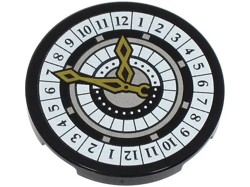 Black Tile, Round 3 x 3 with White and Silver Clock Face with Numbers and Gold Hands Pattern