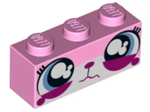 Bright Pink Brick 1 x 3 with Cat Face Wide Eyes Watering (Sad Unikitty) Pattern