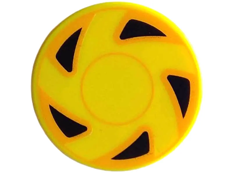 Yellow Tile, Round 2 x 2 with Bottom Stud Holder with Hubcap with Circles and 5 Black Triangles with