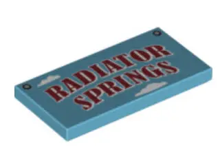 Medium Azure Tile 2 x 4 with 'RADIATOR SPRINGS' and Clouds Pattern
