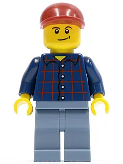 Plaid Button Shirt, Sand Blue Legs, Dark Red Short Bill Cap, Lopsided Smile with Dimple