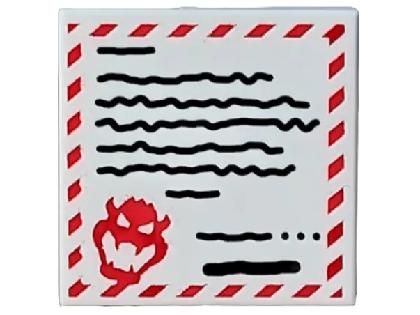 White Tile 2 x 2 with Letter with Red Blocked Edge and Bowser Head, Black Scribbles and Dots Pattern