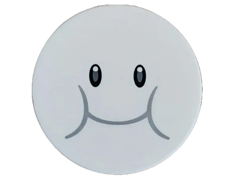 White Tile, Round 3 x 3 with Black Eyes, Dark Bluish Gray Smile and Cheeks Pattern (Super Mario Laki