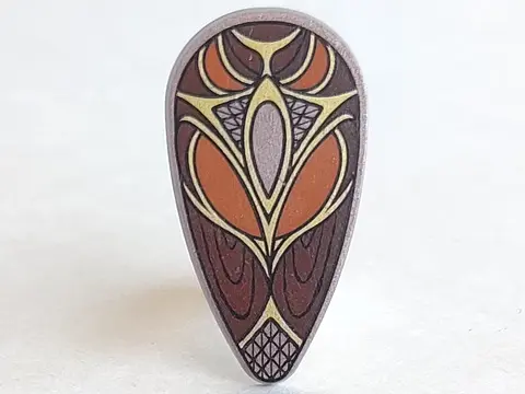 Light Bluish Gray Minifigure, Shield Oval with Dark Orange, Dark Brown and Gold Pattern
