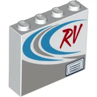 White Brick 1 x 4 x 3 with Red 'RV', Dark Azure and Dark Bluish Gray Curved Stripes Pattern
