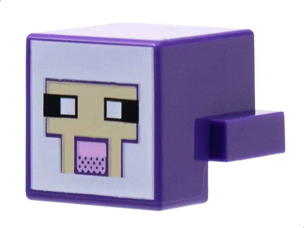 Dark Purple Creature Head Pixelated with Black and White Eyes, Bright Pink Nose, Tan Face on White B