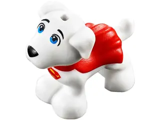 White Dog, Small Super Hero with Blue Eyes, Red Cape and Superman 'S' Logo Pattern (Krypto)