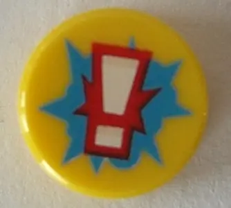 Yellow Tile, Round 1 x 1 with White Exclamation Mark on Red and Dark Azure Starburst Explosion Patte