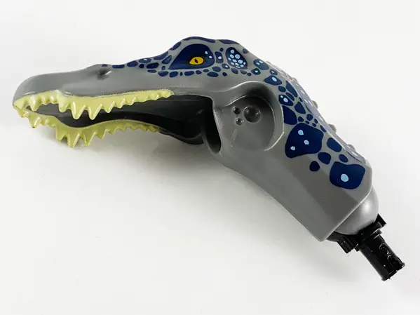 Dark Bluish Gray Dinosaur Head Baryonyx with Pin, Tan Teeth, Dark Blue and Metallic Light Blue Spots