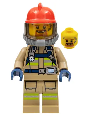 Fire - Reflective Stripes, Dark Tan Suit, Red Fire Helmet, Open Mouth with Goatee, Breathing Neck Ge