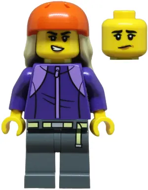 Skateboarder - Female, Dark Purple Tracksuit, Dark Bluish Gray Legs, Reddish Orange Sports Helmet, T