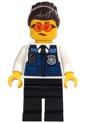 Police - Officer Gracie Goodhart, Dark Blue Vest, Black Legs, Dark Brown Hair with Bun, Safety Glass