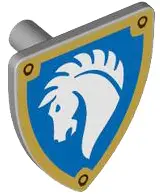 Bluish Gray Minifigure, Shield Triangular Short with White Horse Head on Blue Background with Gold B