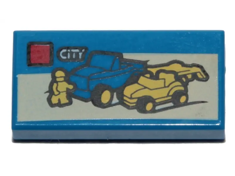 Blue Tile 1 x 2 with LEGO City Set Box Art, Blue Truck and Yellow Minifigure Pattern