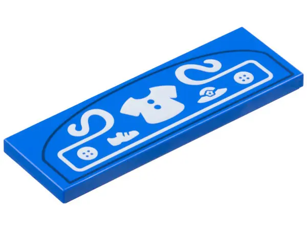 Blue Tile 2 x 6 with Store Sign with White Shirt, Shoe, Hat, Buttons in Filigree and Dark Blue Borde
