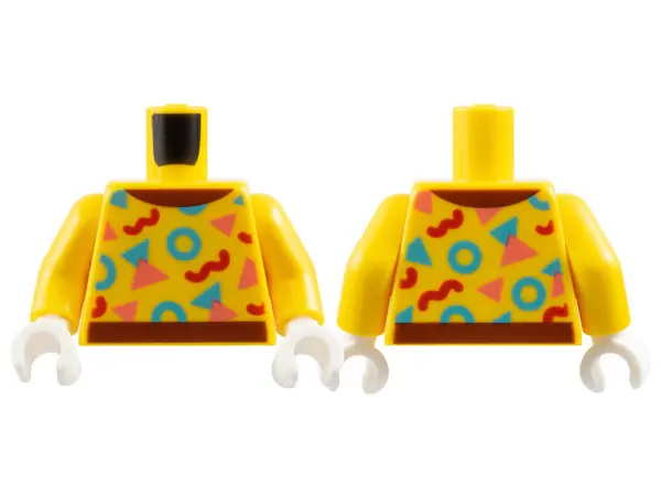 Yellow Torso Top with Reddish Brown Collar and Hem, Bright Light Blue, Coral, and Red Circles and Tr