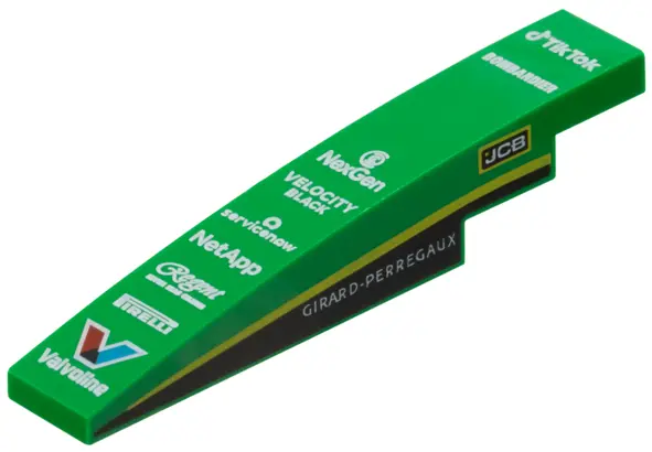 Green Slope, Curved 6 x 1 with White 'TikTok', 'BOMBARDIER', 'NexGen', 'VELOCITY BLACK', 'servicenow