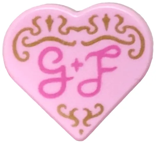 Pink Tile, Round 1 x 1 Heart with Gold Filigree and Dark Pink Script 'G + F' Pattern