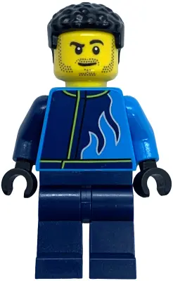 Monster Truck Driver - Male, Dark Azure and Dark Blue Racing Jacket with Flames, Dark Blue Legs, Bla