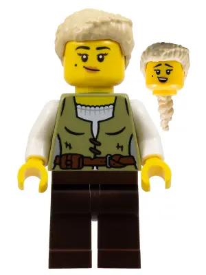 Carpenter - Female, Olive Green Vest, Dark Brown Legs, Tan Coiled Hair Ponytail