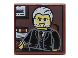Reddish Brown Tile 2 x 2 with Portrait of Male Minifigure with Gray Hair, Beard and Black Suit Patte