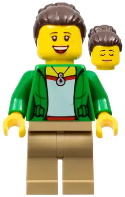 Mom - Green Female Jacket Open with Necklace, Dark Tan Legs, Dark Brown Hair Female Large High Bun