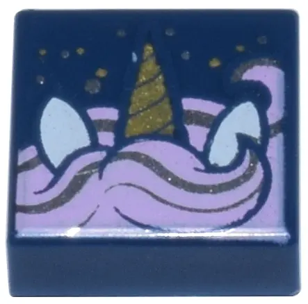 Dark Blue Tile 1 x 1 with Gold Unicorn Horn, White Ears, Bright Pink and Silver Mane, and Sparkles P
