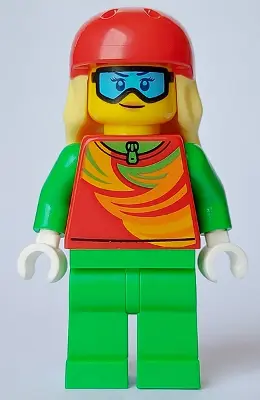 Skier - Female, Red Top, Bright Green Legs, Red Sports Helmet, Bright Light Yellow Long Hair, Ski Go