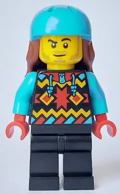 Snowboarder - Male, Geometric Jacket, Black Legs, Medium Azure Sports Helmet, Reddish Brown Long Hai