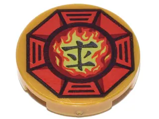 Pearl Gold Tile, Round 2 x 2 with Bottom Stud Holder with Airjitzu Fire Symbol in Red Octagon Patter