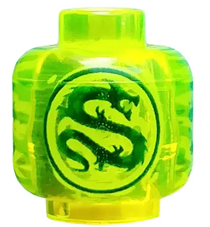 Trans-Neon Green Minifigure, Head without Face with Dark Green Dragon in Circle Pattern