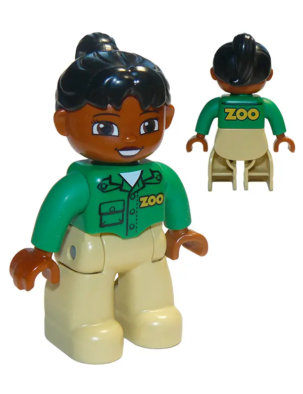 Duplo Figure Lego Ville, Female, Tan Legs, Green Top with 'ZOO' on Front and Back, Black Ponytail Ha