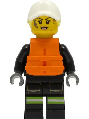 Fire - Female, Black Jacket and Legs with Reflective Stripes and Red Collar, White Cap with Bright L