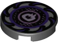 Black Tile, Round 2 x 2 with Bottom Stud Holder with Dark Purple and Silver Saw Blade, Circles in Ce