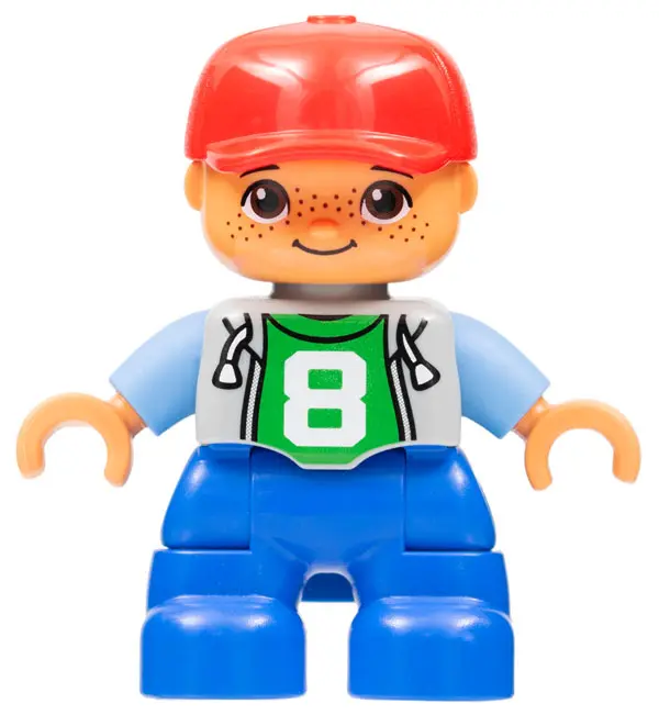 Duplo Figure Lego Ville, Child Boy, Blue Legs, Light Bluish Gray Top with Number 8, Medium Blue Arms