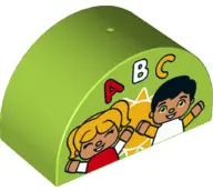 Lime Duplo, Brick 2 x 4 x 2 Slope Curved Double with Sun, Girl and Boy, and 'ABC' Pattern