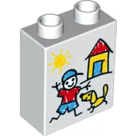 White Duplo, Brick 1 x 2 x 2 with Sun, House, Boy and Dog Pattern