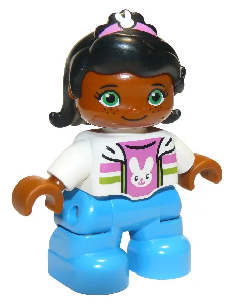 Duplo Figure Lego Ville, Child Girl, Dark Azure Legs, White Top with Dark Pink Undershirt with Bunny