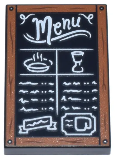 Black Tile 2 x 3 with Chalk Board with Dark Orange Frame with Wood Grain and Nails, White 'Menu', Fo