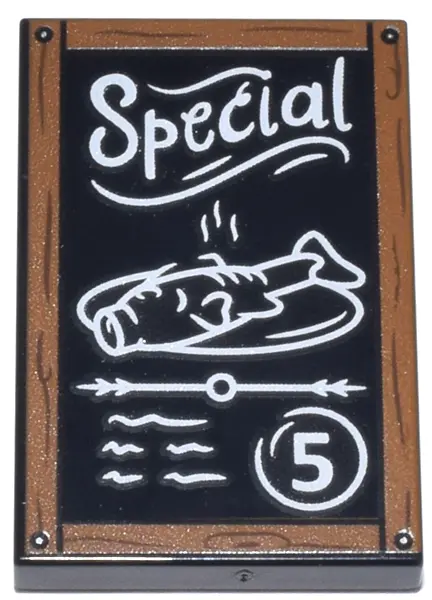 Black Tile 2 x 3 with Chalk Board with Dark Orange Frame with Wood Grain and Nails, White 'Special',