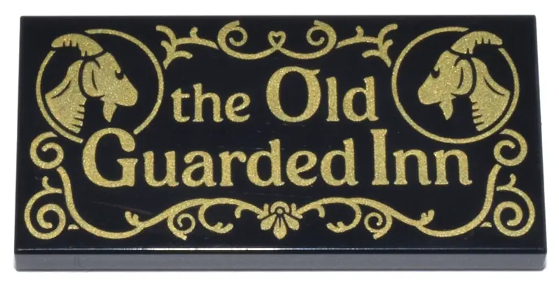 Black Tile 2 x 4 with Gold 'the Old Guarded Inn', Goats and Filigree Pattern