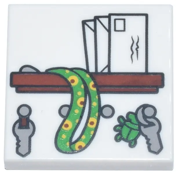 White Tile 2 x 2 with Reddish Brown Shelf, Letters, Light Bluish Gray Keys, Bright Green Sunflower L