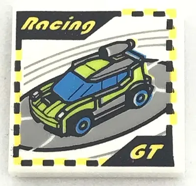 White Tile 2 x 2 with 'Racing', 'GT' and Race Car Video Game Pattern