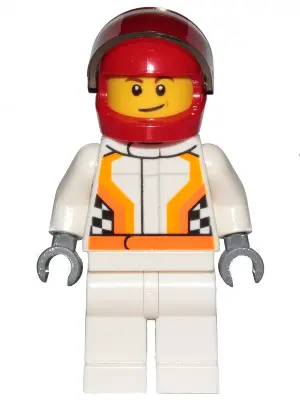 Race Car Driver, White Racing Suit with Orange Stripes and Checkered Pattern, Red Helmet, Crooked Sm