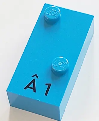 Dark Azure Brick, Braille 2 x 4 with 2 Studs with Black Capital Letter A with Circumflex (Â) / Numbe