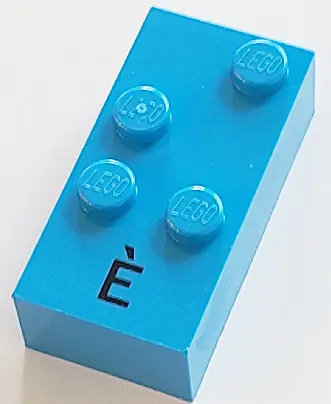 Dark Azure Brick, Braille 2 x 4 with 4 Studs with Black Capital Letter E with Grave (È) Pattern (dot
