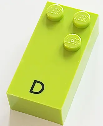 Lime Brick, Braille 2 x 4 with 3 Studs with Black Capital Letter D Pattern (dots-145 ⠙) (French with